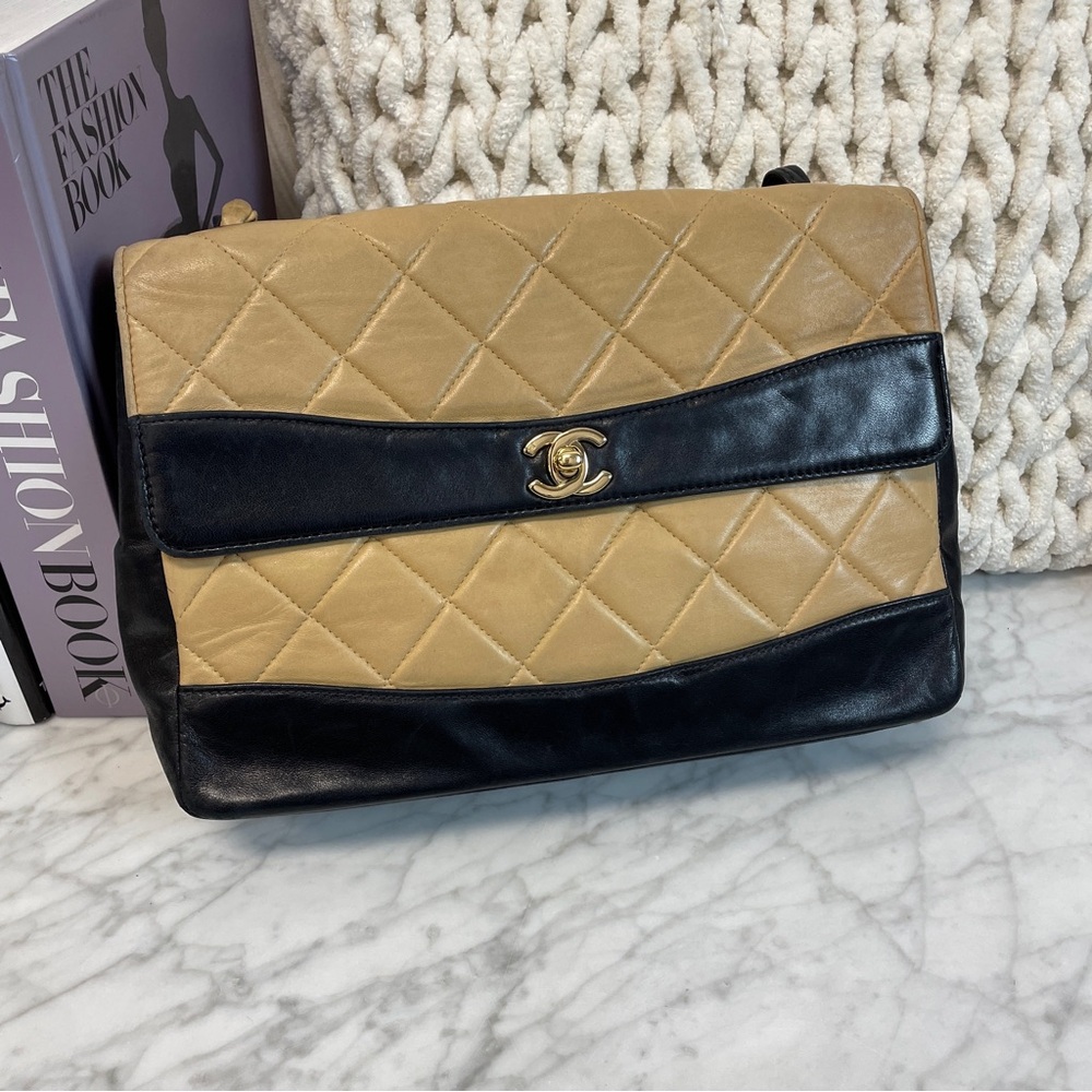 CHANEL Beige and Black Quilted Shoulder Bag with Gold CC